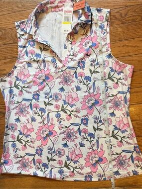 NWT Vineyard Vines Performance Floral Polo Sleeveless Top M Pink Blue Golf